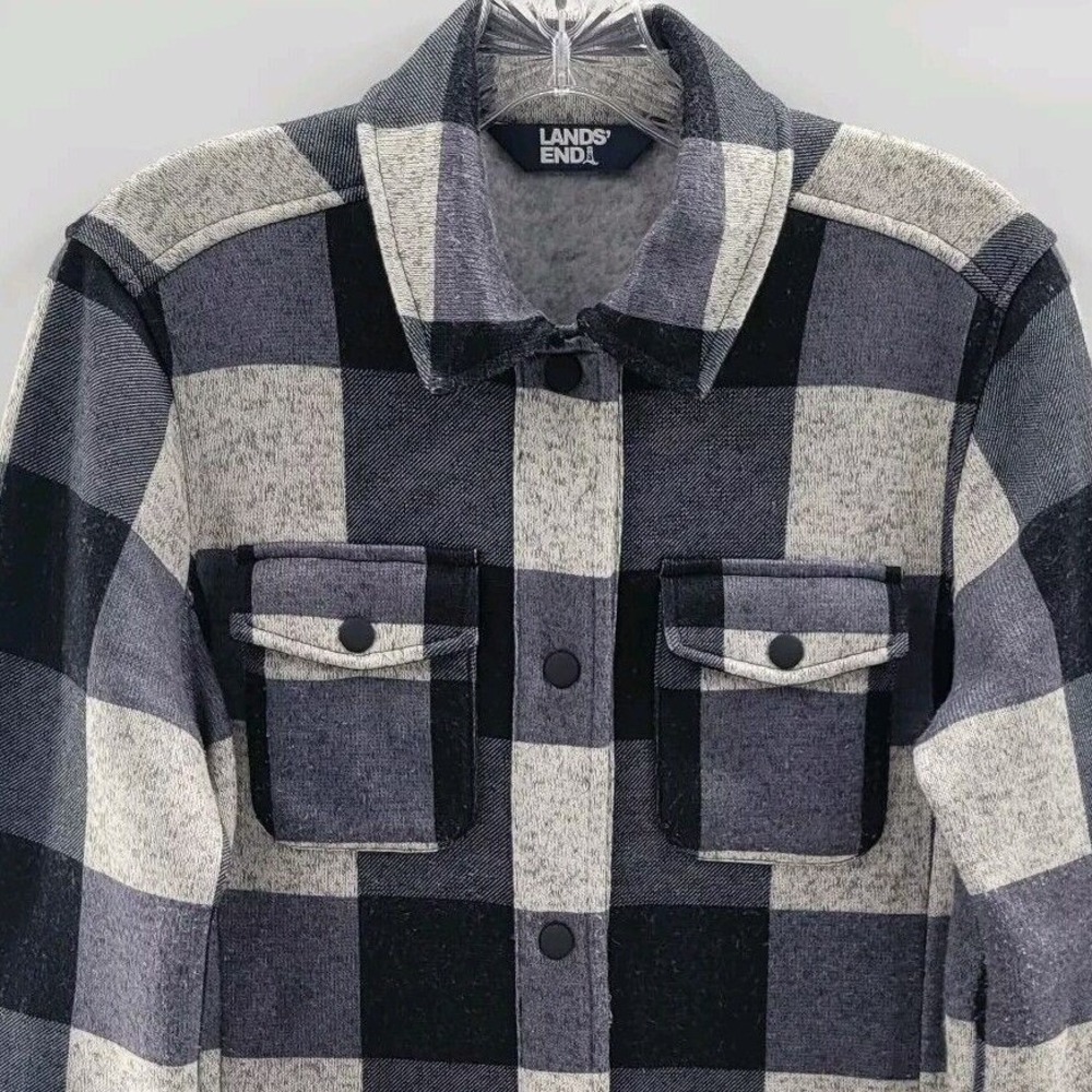 Lands Ends Womens Black/White Plaid Long Sleeve Button Up Fleece Size XS